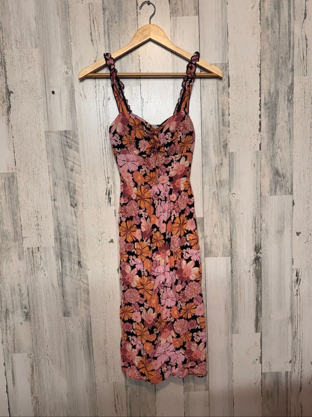 A.U.W. Retro Floral Smocked Back Tie Front Midi Sundress Peach Pink Black Womens